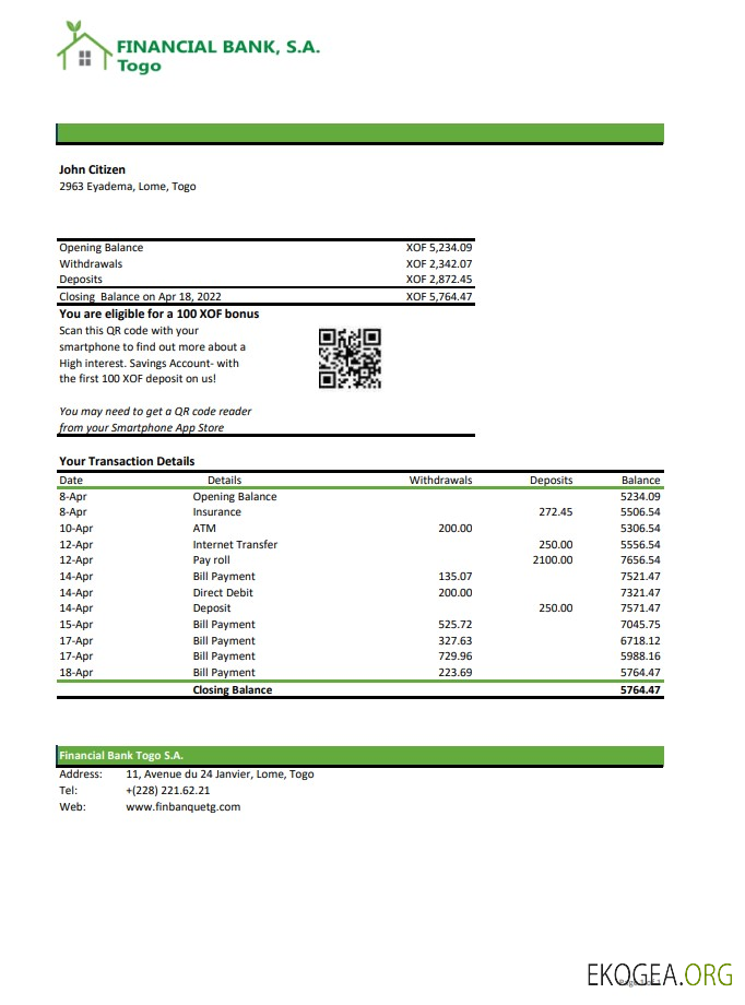 Relevé de la Banque Financière du Togo xls